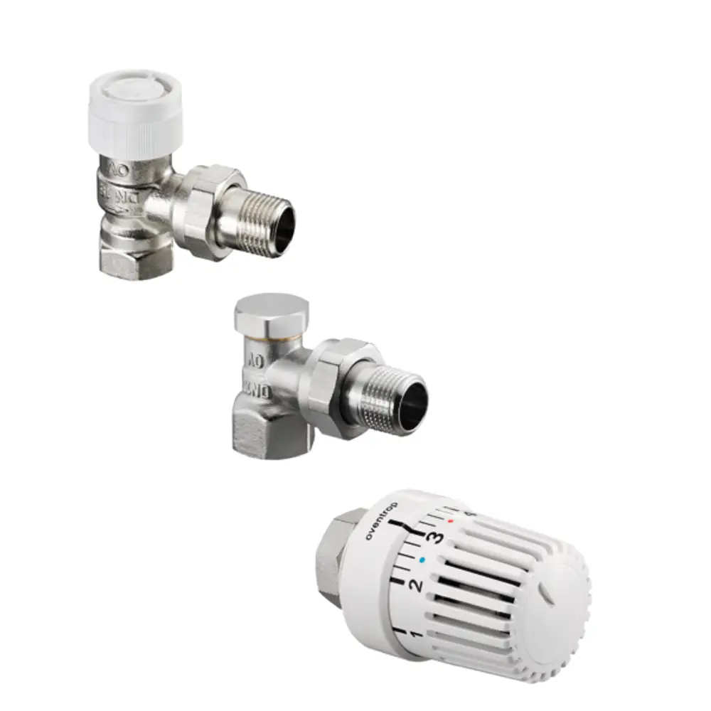 Set bestehend aus Thermostatventil, Eckventil und Rücklaufverschraubung von Oventrop, geeignet für Heizungsinstallationen. Weißer Thermostatkopf sichtbar.